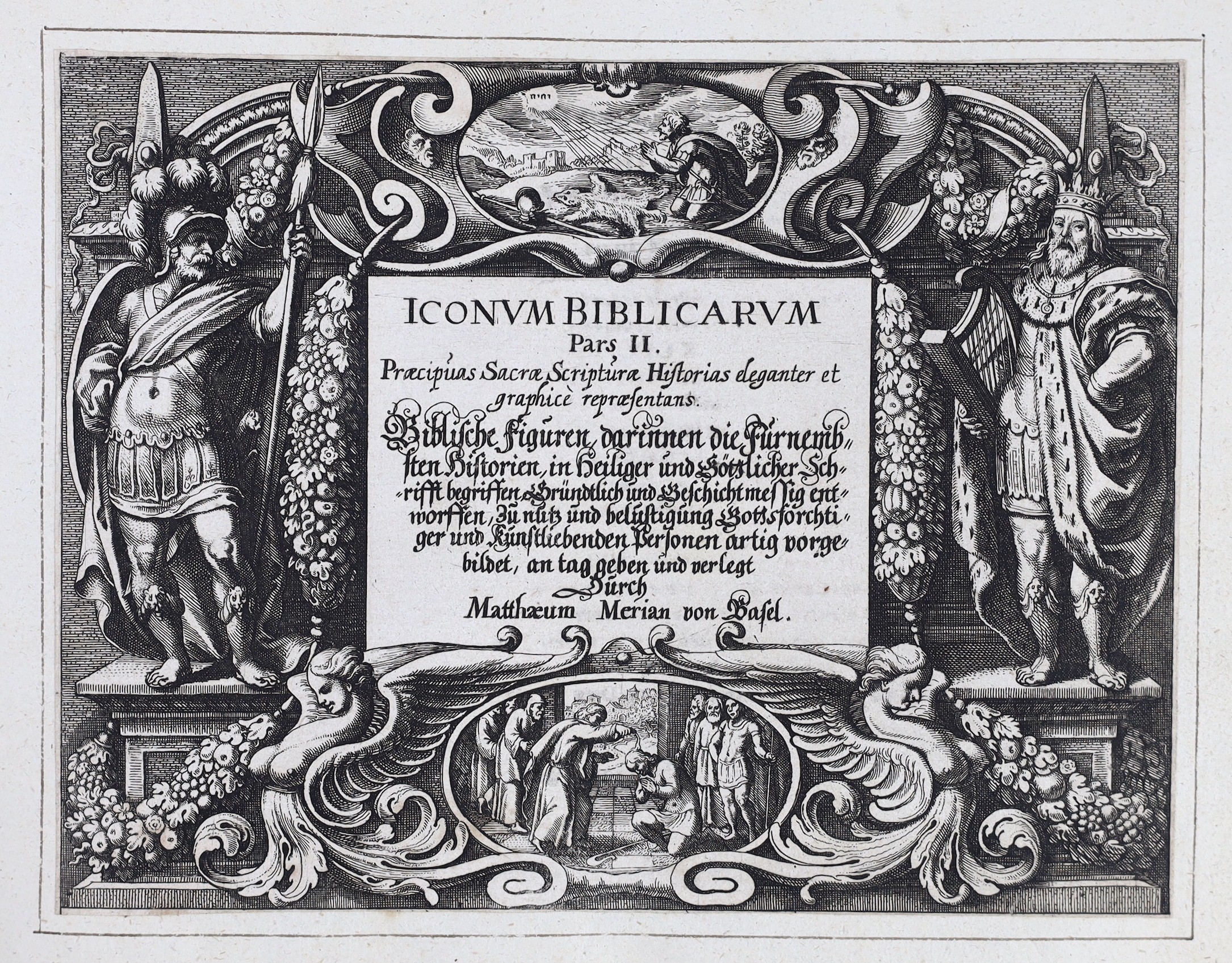 Merian, Matthew - Iconum Biblicarum. Praecipuas Sacrae Scripturae....engraved pictorial and printed titles and 233 plates; newly rebound mottled calf, blind ruled upper cover and panelled spine, oblong folio. Strasburg,